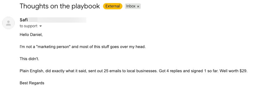 Customer email review of The Reverse Pitch Playbook
