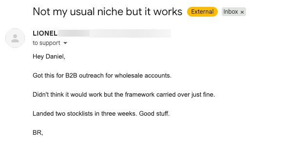 Customer email review of The Reverse Pitch Playbook