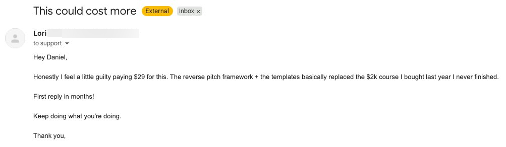 Customer email review of The Reverse Pitch Playbook